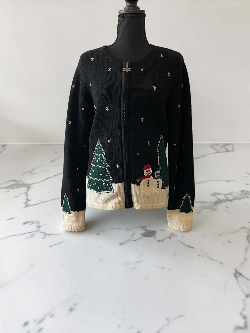 Charter Club petite P/M black Christmas snowman tree zip cardigan sweater